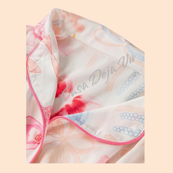 Soft Silky Oversized Pastel Bows Ribbona Wide Leg PJs 2 pc Set - Picture 5 of 10